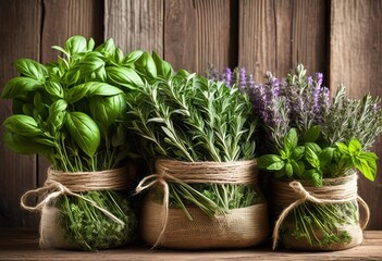 bunches fragrant herbs tied string arranged neatly rustic natural surface charming organic display, bundle, aroma, thyme, rosemary, basil, mint, parsley