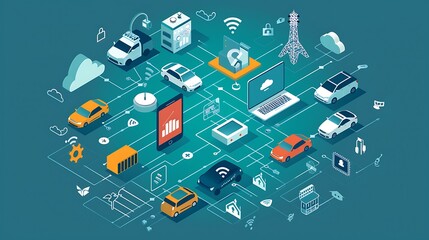 illustration smart city network with connected cars, infrastructure, and data communication systems. It represents the interconnectedness of technology and mobility in a modern urban environment.