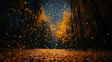 A star shower bombards a wet fall forest, with shimmering celestial streaks illuminating the misty, autumnal landscape, creating a magical, otherworldly contrast between the vibrant forest and cosmic 