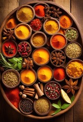colorful arrangement vibrant spices rustic wooden bowl showcasing array textures natural hues, red, yellow, green, orange, pepper, turmeric, cinnamon