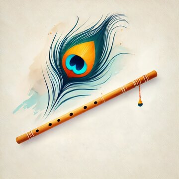 Watercolor illustration of peacock feather with flute for krishna janmashtami. 