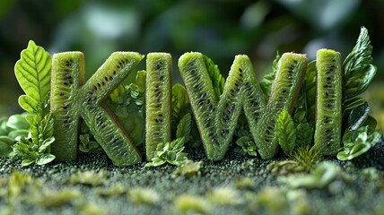 Text "KIWI" sculpted from sliced kiwi, with each letter precisely formed, showcasing soft colors and intricate kiwi details, surrounded by detailed green kiwi leaves, in soft natural lighting 