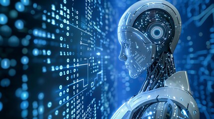 Artificial Intelligence robot in a blue digital world.