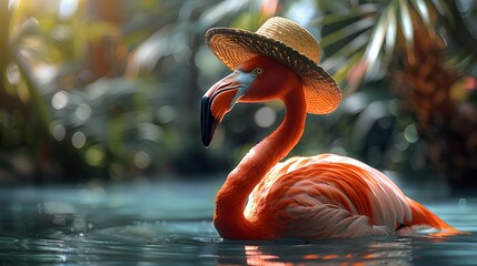 Flamingo wearing a straw hat