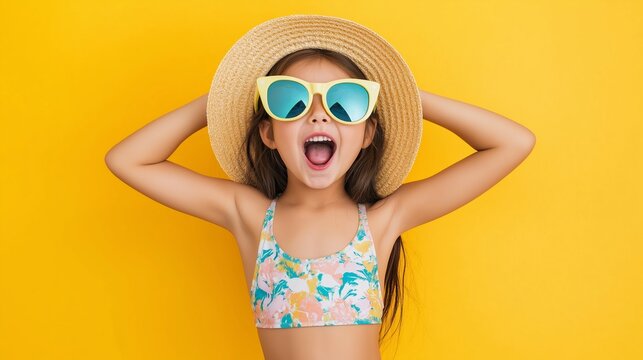 A young girl wearing a yellow hat and sunglasses is smiling and laughing. She is wearing a floral bikini top and a yellow bikini bottom