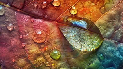 A vibrant water droplet refracting the colors of the rainbow, perched on a textured leaf surface