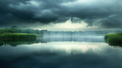 Dramatic Storm Clouds Reflecting in Calm Lake: Moody Landscape with Mirror-like Water Surface and Brooding Sky