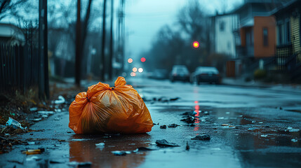 A bag of garbage abandoned in the middle of an empty city street creating a desolate and silent scene. Plastic garbage bag left on the street