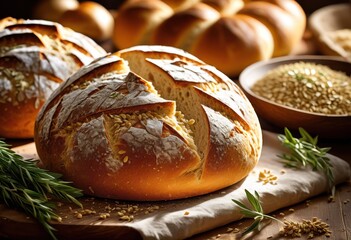 artisan craft bread displayed beautiful light contrasts highlighting texture detail, loaf, crust, color, shadow, depth, grain, flour, slice, oven, shape