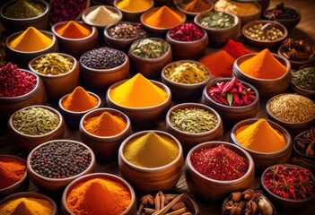 Fototapeta premium vibrant display rare spices colorful containers showcasing rich array textures hues, herbs, seasonings, flavors, ingredients, jars, colors, aroma, exotic