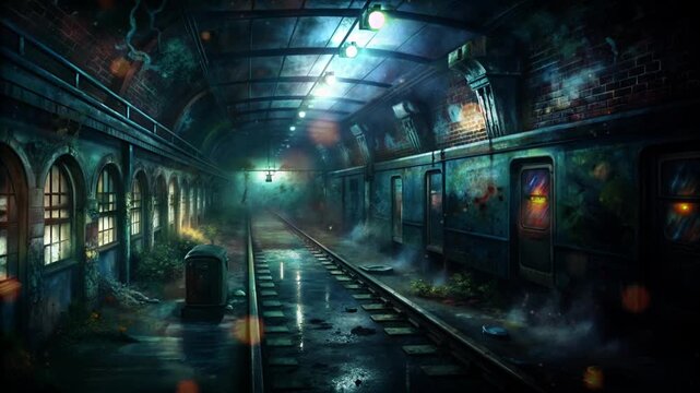 Lo-Fi Animated Illustration of Abandoned Post-Apocalyptic Metro with Mysterious Atmosphere, Halloween Theme