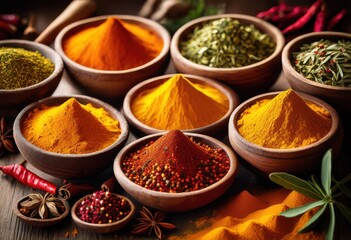 vibrant close variety spices rustic wooden dish showcasing rich colors textures, herb, seasoning, paprika, turmeric, cumin, coriander, chili, saffron