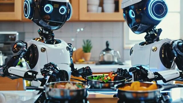 Two robots are cooking in the kitchen and at the same time in front of them HD Video 4K Clip