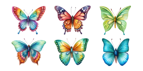 Set of different types of tropical butterflies in watercolour on a transparent background