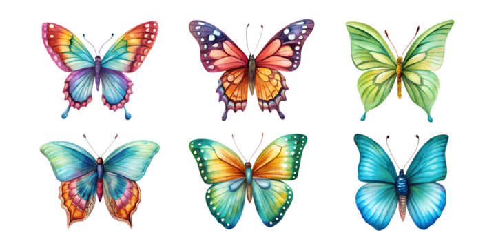 Set of different types of tropical butterflies in watercolour on a transparent background