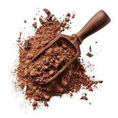 Rich cocoa powder with dark chocolate chunks and a wooden scoop. Perfect for baking or hot chocolate. Isolated on a white background.