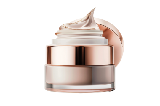 Luxurious face cream in elegant jar with rose gold accents, perfect for skincare and beauty treatments. Ideal for ads and product showcases.