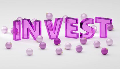 Luxury purple glass inscription invest on grey podium, soft light, smooth background, 3d rendering