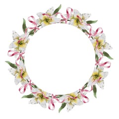 Wreath frame of white lilies and pink ribbons bows watercolor illustration.. For decorating cards, weddings, birthdays, invitations