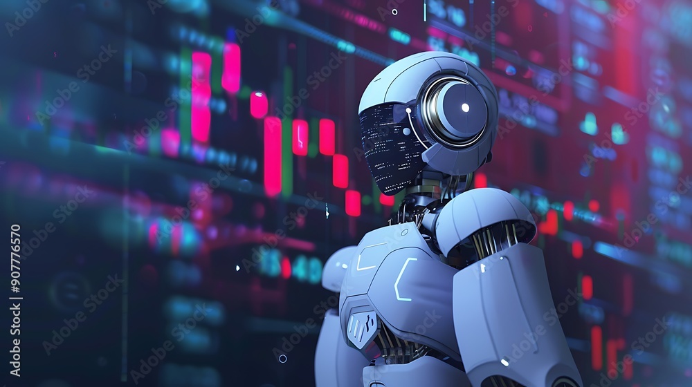 Poster robot stands in front of a screen displaying stock market data, representing the intersection of tec