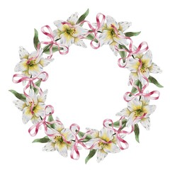 Wreath frame of white lilies and pink ribbons bows watercolor illustration.. For decorating cards, weddings, birthdays, invitations