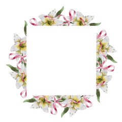 Wreath frame of white lilies and pink ribbons bows watercolor illustration.. For decorating cards, weddings, birthdays, invitations