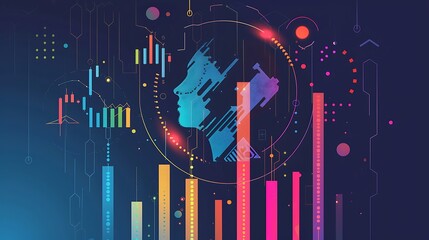 Obraz premium Abstract Digital artwork featuring a human face with colorful gradients, geometric shapes, and lines against a blue background.