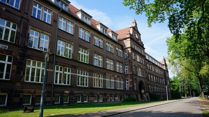 Naklejka premium Old Brick Building with Windows and a Street.
