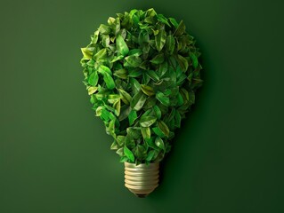 Medium shot of Lightbulb symbol made from green leaves, themed background, 
