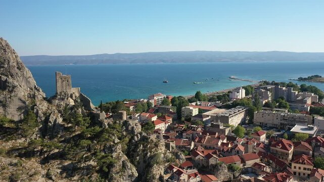Aerial Drone Footage from Mirabela Fortress Overlooking the Town of Omi&scaron;, Croatia