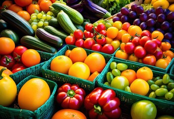 vibrant arrangement fresh fruits vegetables showcasing spectrum colors textures appealing market display, colorful, organic, healthy, produce, natural, ripe