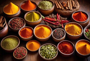 Fototapeta premium vibrant collection colorful spices showcased decorative containers intricate designs rich textures, display, seasoning, aroma, herb, jar, canister, culinary