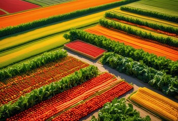 vibrant aerial showcase featuring fresh farm produce displayed colorful patterns across lush green fields, vegetables, fruits, harvest, agriculture, landscape