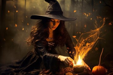 Witch casting spell adult fire jack-o'-lantern.