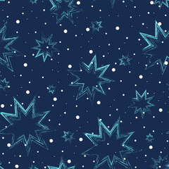 Winter seamless pattern of light blue textured stars on a dark blue background. Seasonal vector illustration for wrapping paper, packaging, textiles.