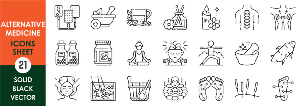 A set of line icons related to Alternative Medicine. Aromatherapy, Chiropractic, Homeopathy, Meditation, traditional medicine, Spa, Herbal, natural, organic and so on.