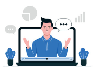 Webinar Concept Flat Illustration - Engaging Webinar Presentation, Virtual Speaker with Graphics, Online Communication