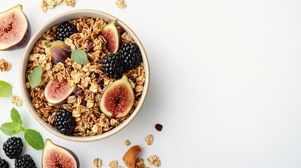 Overhead shot of a bowl with self made granola figs blackberries honey jar on white surface
