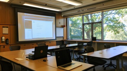 Modern Conference Room with Projector and Windows.