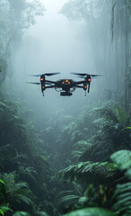 Fototapeta premium Drone flying through foggy forest