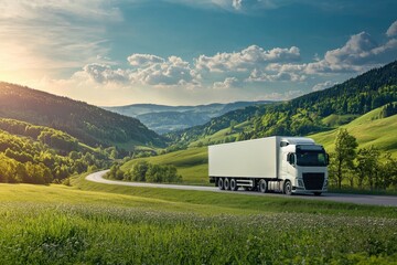 A white cargo truck driving through a scenic countryside landscape with a clear blue sky and fluffy clouds. Blank Truck Advertising Mockup.