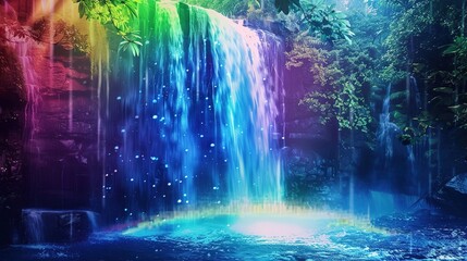 Stunning Waterfall with Neon Blue Water, Rainbow, and Scenic Landscape View