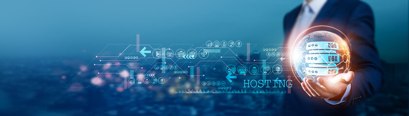 Businessman holds global Hosting with network connected to data centers, cloud infrastructure, and...