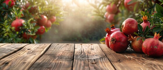 Rustic wooden table in an olive grove with oranges on it. Free copy space for text.