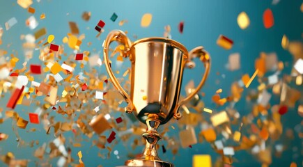 Golden trophy with confetti and ribbons against a blurred blue background, celebrating victory or achievement.