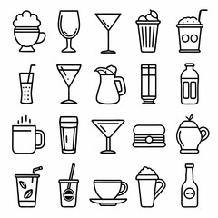 Drinks and beverages outline icons set art vector illustration