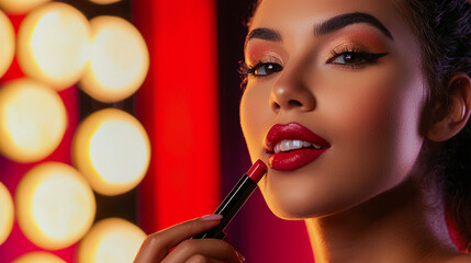 confident cheerful female beauty influencer applying red lipstick