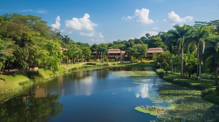 Fototapeta premium Tranquil Lake with Lush Tropical Landscape and Homes.