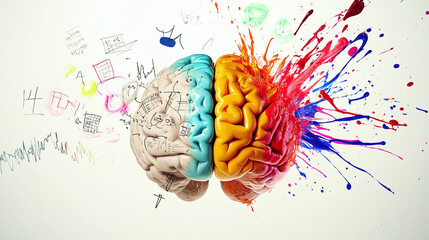 3D symbolic representation of the left and right brain hemispheres, logic and creative brain, colorful, abstract, on white background