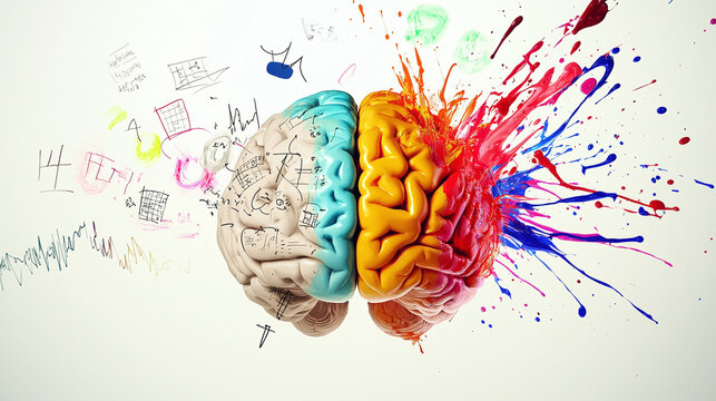 3D symbolic representation of the left and right brain hemispheres, logic and creative brain, colorful, abstract, on white background